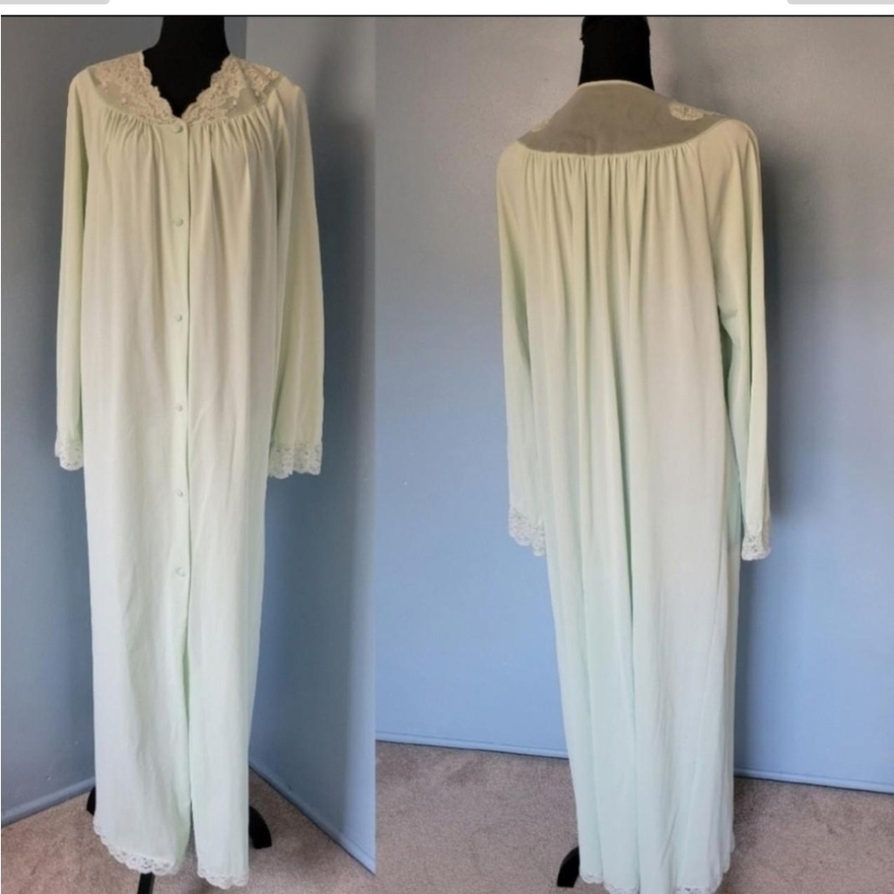 Vntg Shadowline Womens Cottagecore Green Lace Embroidery Robe L Green